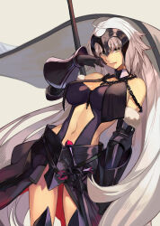 Rule 34 | 1girl, absurdres, ahoge, alwaysregg, armor, armored dress, bare shoulders, black dress, black gloves, black sleeves, breasts, closed mouth, clothing cutout, commentary request, detached sleeves, dress, fate/grand order, fate (series), flag, fur-trimmed sleeves, fur trim, gauntlets, gloves, grey background, hair between eyes, headpiece, highres, holding, holding flag, holding polearm, holding weapon, jeanne d&#039;arc alter (avenger) (fate), jeanne d&#039;arc alter (avenger) (third ascension) (fate), jeanne d&#039;arc alter (fate), long hair, looking at viewer, medium breasts, mixed-language commentary, navel, plackart, polearm, simple background, solo, stomach, stomach cutout, tongue, tongue out, very long hair, weapon, white flag, white hair, yellow eyes