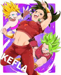 Rule 34 | 3girls, abs, aqua eyes, arched back, arm up, bare arms, belt, bike shorts, black eyes, black footwear, black hair, black wristband, blonde hair, border, bracelet, breasts, brown belt, caulifla, character name, cleavage, collarbone, crop top, diffraction spikes, dragon ball, dragon ball super, dual persona, earrings, glint, green hair, grin, highres, jewelry, kagami jiima, kale (dragon ball), kefla (dragon ball), legendary super saiyan, leggings, light particles, medium breasts, midriff, multiple girls, muscular, muscular female, navel, open mouth, outline, outstretched hand, pink tube top, potara earrings, purple background, red skirt, shoes, short hair, simple background, single earring, skirt, smile, spiked hair, strapless, super saiyan, super saiyan 2, teeth, tsurime, tube top, upper body, v, v-shaped eyebrows, white border, white outline, wristband
