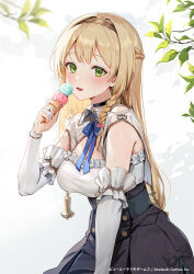 Rule 34 | 1girl, atelier (series), atelier ryza, black choker, black skirt, blonde hair, braid, breasts, capelet, choker, commentary request, elbow gloves, french braid, frills, gloves, gold hairband, green eyes, hairband, high-waist skirt, holding, holding ice cream cone, hominamia, ice cream cone, klaudia valentz, large breasts, long hair, looking at viewer, official art, open mouth, partially fingerless gloves, shirt, simple background, skirt, smile, solo, strapless, strapless shirt, white capelet, white gloves, white shirt