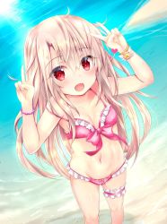 Rule 34 | 1girl, :d, ahoge, beach, bikini, blush, bracelet, breasts, bridal garter, collarbone, day, double v, fate/grand order, fate/kaleid liner prisma illya, fate (series), feet out of frame, fingernails, foreshortening, groin, hair between eyes, heart, highres, illyasviel von einzbern, jewelry, legs apart, lens flare, long hair, looking at viewer, navel, open mouth, outdoors, pink bikini, prisma illya, red eyes, shaian, sidelocks, small breasts, smile, solo, standing, stomach, sunlight, swimsuit, v, water