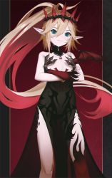 Rule 34 | 1girl, black dress, blonde hair, chest tattoo, commission, crossed arms, dress, flat chest, green eyes, hair between eyes, hara shoutarou, headpiece, highres, long hair, looking at viewer, multicolored hair, original, pale skin, pointy ears, red hair, red theme, solo, standing, tattoo, thighs, two-tone hair, very long hair, vivi (ac8231)