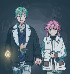 Rule 34 | 2boys, ahoge, buttons, closed mouth, collared shirt, commentary request, cowboy shot, ensemble stars!, fingernails, flashlight, ghost, green eyes, green hair, hair between eyes, highres, himemiya tori, holding, holding flashlight, holding hands, jacket, kazehaya tatsumi, lapels, long sleeves, looking at another, mole, mole under eye, multiple boys, notched lapels, open clothes, open jacket, open mouth, partial commentary, pink hair, shirt, short hair, sidelocks, sideways glance, turtleneck, user vzxu4543