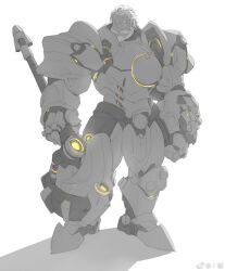 Rule 34 | 1boy, armor, axe, bara, beard, blind, facial hair, full body, highres, holding, holding axe, male focus, mature male, muscular, muscular male, neon lights, old, old man, overwatch, overwatch 1, power armor, reinhardt (overwatch), rollingstonex6, scar, scar across eye, short hair, solo, spot color, thick eyebrows
