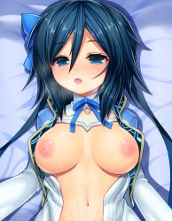 Rule 34 | 1girl, asamura hiori, bed, blue eyes, blue hair, blush, breasts, cum, cum on body, cum on lower body, fang, from above, highres, large breasts, long sleeves, looking at viewer, looking up, lying, matching hair/eyes, mother (pso2), navel, nipples, on back, open clothes, open mouth, open shirt, out-of-frame censoring, phantasy star, phantasy star online 2, shirt, short hair, short hair with long locks, solo, sweat