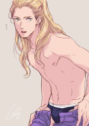 Rule 34 | 10s, 1boy, abs, blonde hair, dressing, g. (gorog), green eyes, hanamura shoma, idolmaster, idolmaster side-m, long hair, looking to the side, male focus, open mouth, shirt, signature, solo