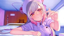 Rule 34 | 1girl, nanashi inc., absurdres, arm rest, breasts, buttons, ceiling, closed mouth, double bun, face, futayamam2, hair bun, hand up, hat, highres, honey strap, indoors, iv stand, long hair, medium breasts, multicolored hair, nurse, nurse cap, orange eyes, pink hair, smile, solo, suou patra, two-tone hair, virtual youtuber, white hair, window