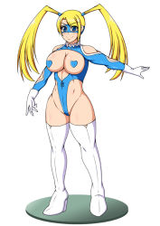 Rule 34 | 1990s (style), 1girl, blonde hair, blue eyes, boots, breasts, capcom, cleavage, female focus, full body, heart pasties, huge breasts, large breasts, mask, myougi kuraganosuke, pasties, rainbow mika, smile, solo, street fighter, street fighter zero (series), thighhighs, twintails, white background