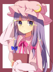 Rule 34 | 1girl, arm up, blue bow, book, border, bow, busujima (kusahana), crescent, crescent hat ornament, hair bow, hat, hat ornament, highres, holding, holding book, long hair, long sleeves, looking at viewer, mob cap, one-hour drawing challenge, patchouli knowledge, pink bow, pink hat, purple eyes, purple hair, red border, simple background, solo, touhou, upper body, very long hair, white background