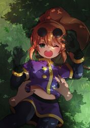 Rule 34 | 1girl, absurdres, blush, brown hair, disembodied limb, gloves, grass, green eyes, highres, long hair, looking at viewer, lying, on back, one eye closed, open mouth, pantyhose, ponytail, precis neumann, purple shorts, shorts, star ocean, star ocean the second story, tearing up, tickling, tickling sides, tupelo hatch, very long hair