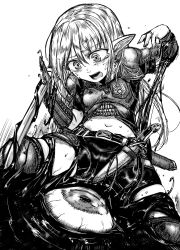 Rule 34 | 1girl, armor, belt, bike shorts, elf, greyscale, hair between eyes, highres, holding, holding sword, holding weapon, imminent rape, knee pads, knife, kotoba noriaki, long hair, midriff, monochrome, navel, open mouth, original, pauldrons, pointy ears, reverse grip, scabbard, sheath, shoulder armor, simple background, slime (substance), sweat, sword, tears, tentacles, weapon, white background, wide-eyed
