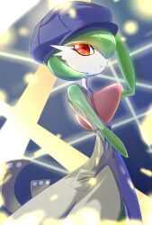 Rule 34 | 1girl, bare shoulders, blue background, blue hat, bob cut, cabbie hat, closed mouth, clothed pokemon, collarbone, colored skin, creatures (company), dress, female focus, flat chest, from side, game freak, gardevoir, gardevoir (cafe), gen 3 pokemon, green hair, green skin, hair over one eye, happy, hat, highres, looking at viewer, multicolored skin, nintendo, one eye covered, pocket, pokemon, pokemon (creature), pokemon unite, red eyes, short hair, smile, solo, split mouth, spotlight, standing, two-tone dress, two-tone skin, white skin, yanagi (pixiv 36748322), yellow dress