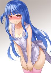 Rule 34 | 1girl, apron, blue hair, blush, breasts, cleavage, collarbone, cowboy shot, furrowed brow, gradient background, kotonoha aoi, kurione (zassou), legs together, long hair, looking at viewer, maid apron, medium breasts, naked apron, nose blush, one side up, pink thighhighs, red eyes, solo, straight hair, tears, thighhighs, v arms, voiceroid, white apron