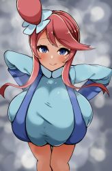 Rule 34 | 1girl, blue eyes, breasts, covered erect nipples, creatures (company), detritus, foreshortening, game freak, gym leader, hair ornament, hanging breasts, huge breasts, leaning forward, looking at viewer, midriff, nintendo, pokemon, pokemon bw, red hair, shirt, skyla (pokemon), smile, solo, suspenders, tongue, tongue out