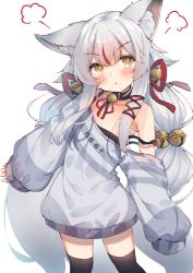 Rule 34 | 1girl, :t, animal ear fluff, animal ears, bare shoulders, bell, black camisole, black collar, blush, brown eyes, camisole, closed mouth, clothes writing, collar, collarbone, eip (pepai), grey hair, grey shirt, hair bell, hair between eyes, hair ornament, hair ribbon, indie virtual youtuber, jingle bell, kamiko kana, long hair, long sleeves, looking at viewer, low twintails, multicolored hair, off shoulder, pout, puffy long sleeves, puffy sleeves, red hair, red ribbon, ribbon, shirt, simple background, sleeves past fingers, sleeves past wrists, solo, strap slip, streaked hair, striped clothes, striped shirt, tail, twintails, very long hair, virtual youtuber, white background