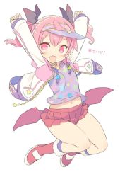 Rule 34 | 1girl, arms up, blade (galaxist), boots, demon girl, demon wings, emelia pris, fang, full body, hair ribbon, jacket, jumping, long sleeves, looking at viewer, low wings, mini wings, miniskirt, navel, open clothes, open jacket, open mouth, pink eyes, pink hair, pleated skirt, pointy ears, pop-up story, ribbon, simple background, skin fang, skirt, sleeves past wrists, solo, star (symbol), star print, demon girl, twintails, visor, visor cap, white background, wings