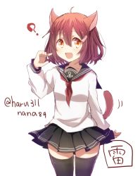 Rule 34 | 10s, 1girl, ?, ahoge, animal ears, black skirt, black thighhighs, blouse, brown eyes, brown hair, cat ears, cat tail, fang, hair ornament, hairclip, harusawa, ikazuchi (kancolle), kantai collection, kemonomimi mode, long sleeves, neckerchief, pleated skirt, red neckerchief, sailor collar, school uniform, serafuku, shirt, short hair, simple background, skirt, solo, tail, thighhighs, twitter username, white background