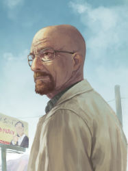 Rule 34 | 1boy, bald, beard, billboard, breaking bad, closed mouth, cloud, day, eyebrows, facial hair, from side, glasses, highres, looking away, male focus, manly, outdoors, popobobo, realistic, sky, solo, upper body, walter white