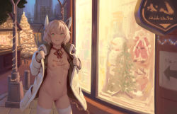 Rule 34 | 1girl, bell, bigrbear, blonde hair, body writing, breasts, choker, christmas, christmas tree, cleft of venus, coat, commentary request, exhibitionism, flashing, green eyes, headgear, highres, long sleeves, looking at viewer, merry christmas, navel, neck bell, nipples, nude, open clothes, open coat, original, outdoors, public indecency, pussy, red ribbon, ribbon, ribbon choker, shop, short hair, small breasts, solo, standing, thighhighs, thighs, white coat, white thighhighs