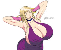 Rule 34 | 1girl, arm tattoo, armpits, arms behind head, artist name, blonde hair, breasts, cleavage, closed eyes, dress, fatal fury, garou: mark of the wolves, highres, huge breasts, jenet behrn, long hair, makeup, no bra, parted lips, red lips, seductive smile, sideboob, smile, snk, tattoo, the king of fighters