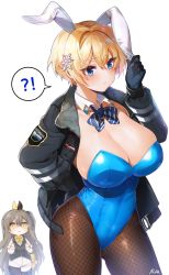 Rule 34 | !, !?, 2girls, ?, absurdres, animal ears, artist name, black gloves, black jacket, black legwear, black vest, blonde hair, blue eyes, blue leotard, breast envy, breasts, chibi, cleavage, closed mouth, commentary, cowboy shot, detached collar, fake animal ears, fishnet legwear, fishnets, girls&#039; frontline, gloves, hair between eyes, hair ornament, hand on own hip, hand up, highres, jacket, large breasts, leotard, long hair, long sleeves, mole, mole under eye, multiple girls, neck ribbon, official alternate costume, one side up, open clothes, open jacket, pantyhose, playboy bunny, polla, rabbit ears, revision, ribbon, scar, scar on face, shaded face, short hair, snowflake hair ornament, spoken exclamation mark, spoken question mark, strapless, strapless leotard, thighhighs, thighs, ump45 (girls&#039; frontline), ump45 (the wish-making sorceress of fireworks) (girls&#039; frontline), very long hair, vest, vsk-94 (girls&#039; frontline), white background, wide-eyed, wide hips, yellow eyes, yellow ribbon