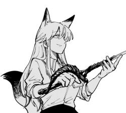 Rule 34 | 1girl, animal ears, arknights, closed mouth, collared shirt, commentary, cowboy shot, fox ears, fox girl, fox tail, franka (arknights), greyscale, halftone, hands up, haruichi (sazanami complex), hatching (texture), holding, holding sword, holding weapon, light smile, linear hatching, long hair, looking up, monochrome, shirt, sidelocks, simple background, sleeves rolled up, solo, sword, tail, tail raised, weapon, white background