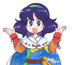 Rule 34 | 1girl, :d, belt, blue hair, cape, cloak, dress, hairband, happy, keb00b, multicolored clothes, multicolored dress, multicolored eyes, multicolored hairband, open mouth, patchwork clothes, rainbow gradient, red button, sky print, smile, solo, tenkyuu chimata, touhou, two-sided cape, two-sided fabric, watermark, white cape, zipper