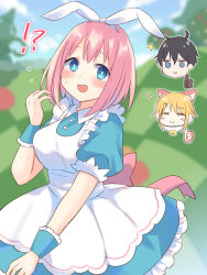 Rule 34 | !?, 1boy, 2girls, :&gt;, = =, alice (alice in wonderland), alice (alice in wonderland) (cosplay), alice in wonderland, animal ear fluff, animal ears, apron, black hair, blonde hair, blue dress, blue eyes, blurry, blurry background, breasts, brown gloves, character request, chibi, chibi inset, closed eyes, closed mouth, commentary request, cosplay, day, depth of field, dress, fake animal ears, flying sweatdrops, frilled apron, frilled dress, frills, gloves, gucchiann, hair between eyes, hand up, highres, hiyori (princess connect!), maid apron, medium breasts, multiple girls, open mouth, outdoors, pink hair, princess connect!, puffy short sleeves, puffy sleeves, rabbit ears, short sleeves, smile, sparkle, thumbs up, white apron, wrist cuffs, yui (princess connect!), yuuki (princess connect!)