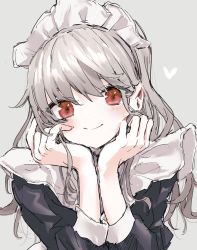 Rule 34 | 1girl, black dress, closed mouth, dress, eyebrows hidden by hair, grey background, grey hair, hair between eyes, hands up, heart, highres, long sleeves, looking at viewer, maid, maid headdress, original, red eyes, sha2mo, simple background, smile, solo, upper body