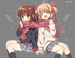 Rule 34 | 2girls, beige sweater, blonde hair, bow, brown hair, closed eyes, grey background, grey skirt, kamikita komari, little busters!, long hair, mauve, multiple girls, natsume rin, open mouth, pink bow, plaid, plaid skirt, pleated skirt, ponytail, red eyes, red scarf, scarf, school uniform, shared clothes, shared scarf, short hair, simple background, sitting, skirt, smile, twintails