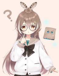 Rule 34 | 1girl, ?, alternate costume, bespectacled, bow, brown eyes, brown hair, commentary, deyui, english commentary, feather hair ornament, feathers, friend (nanashi mumei), glasses, hair ornament, highres, hololive, hololive english, jacket, long hair, multicolored hair, nanashi mumei, round eyewear, school uniform, streaked hair, very long hair, virtual youtuber