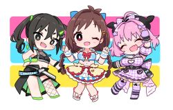 Rule 34 | #unicus (idolmaster), 3girls, ahoge, arm up, black eyes, black footwear, black gloves, black hat, black shorts, black thighhighs, blue background, blue hair, bow, braid, breasts, bright pupils, brown hair, chibi, chibi only, cleavage cutout, closed eyes, clothes writing, clothing cutout, dress, english text, fang, fishnet thighhighs, fishnets, full body, garter straps, gloves, green footwear, grey eyes, hair between eyes, hair bow, hair intakes, hair ornament, hairclip, hand on own hip, hands up, hat, hat bow, heart cutout, highres, idolmaster, idolmaster cinderella girls, idolmaster cinderella girls starlight stage, large breasts, legs apart, long hair, looking at viewer, low twin braids, medium breasts, mole, mole under eye, multicolored clothes, multicolored dress, multicolored hair, multiple girls, navel, official alternate costume, one eye closed, open mouth, outstretched arm, petticoat, pink background, pink hair, purple bow, purple dress, purple eyes, purple gloves, sharp teeth, shorts, simple background, single thighhigh, skin fang, skirt, small breasts, smile, star (symbol), star hair ornament, sukoyaka (100hituzi), sunazuka akira, teeth, thighhighs, tsujino akari, twin braids, twintails, two-tone hair, v-shaped eyebrows, white background, white pupils, yellow background, yellow bow, yumemi riamu