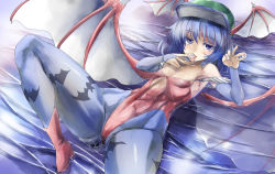 Rule 34 | 1girl, animal print, bat print, bat wings, blue hair, boots, cosplay, fingerless gloves, flat chest, gloves, hat, head wings, highres, kawashiro nitori, leotard, lilith aensland, lilith aensland (cosplay), pantyhose, print pantyhose, pussy juice stain, red leotard, solo, touhou, two side up, vampire (game), wings, yohane