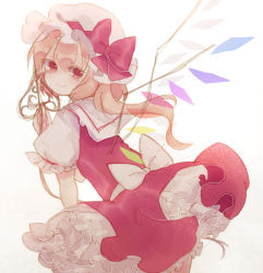 Rule 34 | 1girl, back bow, blonde hair, bow, crystal, flandre scarlet, frilled shirt, frilled skirt, frilled sleeves, frills, hair between eyes, hat, hat ribbon, laevatein (touhou), looking at viewer, looking back, mob cap, one side up, puffy short sleeves, puffy sleeves, red bow, red eyes, red ribbon, red skirt, red vest, ribbon, shirt, short hair, short sleeves, simple background, skirt, smile, solo, sorani (kaeru0768), touhou, vest, white background, white bow, white hat, white shirt, wings
