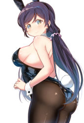 Rule 34 | 1girl, animal ears, aqua eyes, ass, black leotard, black pantyhose, breasts, cowboy shot, detached collar, from behind, large breasts, leotard, long hair, love live!, love live! school idol project, low twintails, pantyhose, parted bangs, playboy bunny, purple hair, rabbit ears, rabbit tail, scrunchie, simple background, skull573, solo, standing, strapless, strapless leotard, swept bangs, tail, tojo nozomi, twintails, white background, wrist cuffs