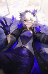 Rule 34 | 1girl, ahoge, animal ears, arknights, black coat, black dress, black gloves, blue butterfly, blue eyes, blue gloves, breasts, bug, butterfly, butterfly on head, coat, dress, gloves, greypidjun, grin, hair between eyes, hair ornament, hairclip, half-closed eyes, hand up, highres, insect, lappland (arknights), lappland (refined horrormare) (arknights), looking at viewer, lying, messy hair, official alternate costume, on back, open clothes, open coat, parted lips, scar, scar across eye, sharp teeth, small breasts, smile, solo, teeth, wolf ears, wolf girl