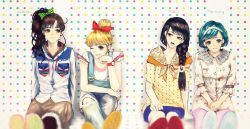 4girls aino_minako alternate_hairstyle arm_garter bad_id bad_pixiv_id bishoujo_senshi_sailor_moon black_hair blonde_hair blue_hair blurry bow braid brown_hair character_name contemporary floral_print friends hair_bow hairband highres hino_rei kino_makoto long_hair mizuno_ami multiple_girls one_eye_closed pantyhose polka_dot polka_dot_background red_bow say_hana short_hair side_ponytail sideways_glance single_braid sitting skirt smirk watch