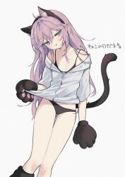 1girl animal_ears animal_hands black_bra black_panties blue_eyes blush bra cat_day cat_ears cat_paws cat_tail fake_animal_ears flat_chest gloves hair_between_eyes highres long_hair looking_at_viewer mimelond off_shoulder original panties paw_gloves pink_hair shirt simple_background smile solo tail underwear white_background