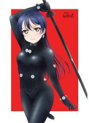 Rule 34 | 1girl, absurdres, arm up, artist name, black bodysuit, blue hair, bodysuit, breasts, closed mouth, cowboy shot, gantz, gantz suit, highres, holding, holding sword, holding weapon, light blush, lipgloss, lips, long hair, looking at viewer, love live!, love live! school idol project, runi (87025), serious, small breasts, solo, sonoda umi, sword, weapon, yellow eyes