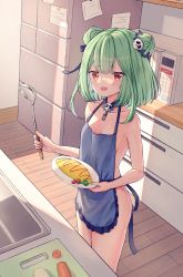 Rule 34 | 1girl, apron, blue apron, blue collar, blue ribbon, breasts, carrot, collar, cooking, cutting board, detached collar, double bun, earrings, food, green eyes, hair bun, hair ornament, hair ribbon, highres, holding, holding ladle, holding plate, hololive, jewelry, kitchen, ladle, looking at viewer, microwave, naked apron, omelet, omurice, onion, plate, ray peng, red eyes, refrigerator, ribbon, short hair, sidelocks, sink, skull earrings, skull hair ornament, small breasts, solo, uruha rushia, vegetable, virtual youtuber
