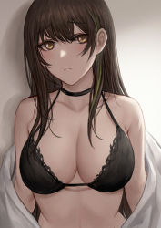 Rule 34 | 1girl, bad id, bad pixiv id, bare shoulders, black bra, bra, breasts, brown eyes, cleavage, closed mouth, collarbone, commentary request, girls&#039; frontline, gradient background, green hair, highres, large breasts, long hair, looking at viewer, m4a1 (girls&#039; frontline), mixed-language commentary, multicolored hair, off shoulder, open clothes, selcky, solo, streaked hair, two-tone hair, underwear, undressing, upper body