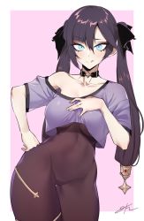 Rule 34 | 1girl, black hair, blue eyes, blush, bodystocking, breasts, choker, collarbone, covered navel, cowboy shot, crop top, genshin impact, hair between eyes, j.k., licking lips, long hair, looking at viewer, mona (genshin impact), short sleeves, solo, standing, thick thighs, thighs, tongue, tongue out, twintails