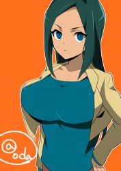 Rule 34 | 1girl, blue eyes, blue shirt, breasts, closed mouth, collarbone, female focus, gradient background, green hair, hand on own hip, inazuma eleven, inazuma eleven (series), jacket, kira hitomiko, large breasts, long hair, looking at viewer, oda koziki, orange background, serious, shirt, signature, simple background, solo, standing, swept bangs, upper body, yellow jacket