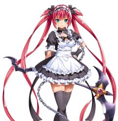 Rule 34 | 1girl, airi (queen&#039;s blade), apron, arm at side, black bow, black dress, black hairband, black thighhighs, black wristband, blue eyes, bow, breasts, brown collar, chain, cleavage, closed mouth, collar, dress, eyeball, feet out of frame, frilled apron, frilled dress, frilled hairband, frilled wristband, frills, hair bow, hairband, hand on own hip, holding, holding scythe, light blush, long hair, looking at viewer, maid, maid apron, maid headdress, medium breasts, metal collar, official art, puffy short sleeves, puffy sleeves, queen&#039;s blade, red hair, scythe, second-party source, short sleeves, smile, solo, thighhighs, transparent background, twintails, very long hair, white apron