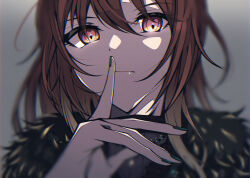 Rule 34 | 1girl, absurdres, aketa mikoto, blurry, brown eyes, brown hair, chromatic aberration, close-up, closed mouth, depth of field, film grain, finger to mouth, fur trim, gradient hair, green nails, grey background, hair between eyes, highres, idolmaster, idolmaster shiny colors, jewelry, kakuzatou (cubesugar03196), light brown hair, looking at viewer, medium hair, multicolored hair, nail polish, necklace, portrait, shushing, solo