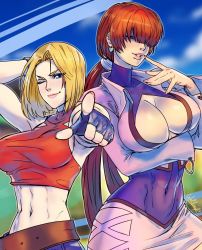 Rule 34 | 2girls, abs, blonde hair, blue eyes, blue mary, breasts, cleavage, cleavage cutout, clothing cutout, eyes visible through hair, fingerless gloves, gloves, hair over eyes, large breasts, leotard, leotard under clothes, long hair, multiple girls, nail polish, one eye closed, pointing, pointing at viewer, ponytail, red hair, shermie (kof), short hair, skin tight, skirt, snk, sports bra, the king of fighters, wallace pires, wink