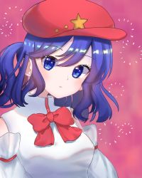 Rule 34 | 1girl, bad id, bad twitter id, blue eyes, blue hair, bow, bowtie, breasts, cabbie hat, flat cap, hat, hat ornament, label girl (dipp), looking at viewer, mandarin collar, medium breasts, red bow, red bowtie, red hat, short hair, star (symbol), star hat ornament, touhou, vest, white sleeves, white vest
