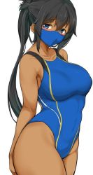 Rule 34 | 1girl, black hair, blue eyes, blue one-piece swimsuit, breasts, commentary request, competition swimsuit, highleg, highleg swimsuit, highres, large breasts, long hair, looking at viewer, mask, mouth mask, one-piece swimsuit, original, ponytail, simple background, solo, swimsuit, tan, white background, yuzu lemon