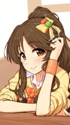 Rule 34 | 1girl, arm rest, bad id, bad twitter id, blush, bow, bowtie, brown eyes, brown hair, commentary request, dress shirt, hair bow, hand in own hair, highres, idolmaster, idolmaster cinderella girls, long hair, looking at viewer, omaru gyuunyuu, orange bow, orange bowtie, parted bangs, ponytail, shirt, sidelocks, sleeves pushed up, smile, solo, striped bow, striped bowtie, striped clothes, striped neckwear, sweater, takamori aiko, wristband, yellow bow, yellow sweater