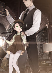 Rule 34 | 1boy, 1girl, beret, black hair, black neckwear, black pants, black vest, blvefo9, book, bookshelf, breasts, brown dress, brown eyes, brown hair, brown headwear, collared shirt, commentary request, dress, facial hair, gloves, green eyes, hair over one eye, hand on another&#039;s shoulder, hat, holding, holding book, indoors, juliet sleeves, ladder, lamp, library, long hair, long sleeves, necktie, original, pants, pantyhose, parted bangs, puffy sleeves, shirt, sleeveless, sleeveless dress, sleeves past wrists, small breasts, striped clothes, striped dress, striped headwear, stubble, vertical-striped clothes, vertical-striped dress, very long hair, vest, white gloves, white pantyhose, white shirt