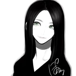Rule 34 | 1girl, black hair, black shirt, collarbone, eyelashes, facing viewer, green eyes, light smile, lips, long hair, looking at viewer, looking to the side, md5 mismatch, monochrome, original, poaro, resized, shirt, signature, simple background, solo, spot color, v-neck, white background